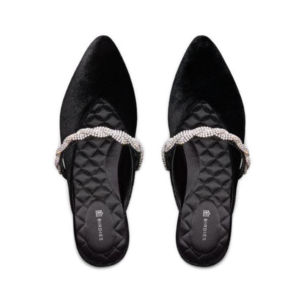 BIRDIES Swan Almond Toe Black Velvet Crystal Bracelet Slide Holiday Mules
